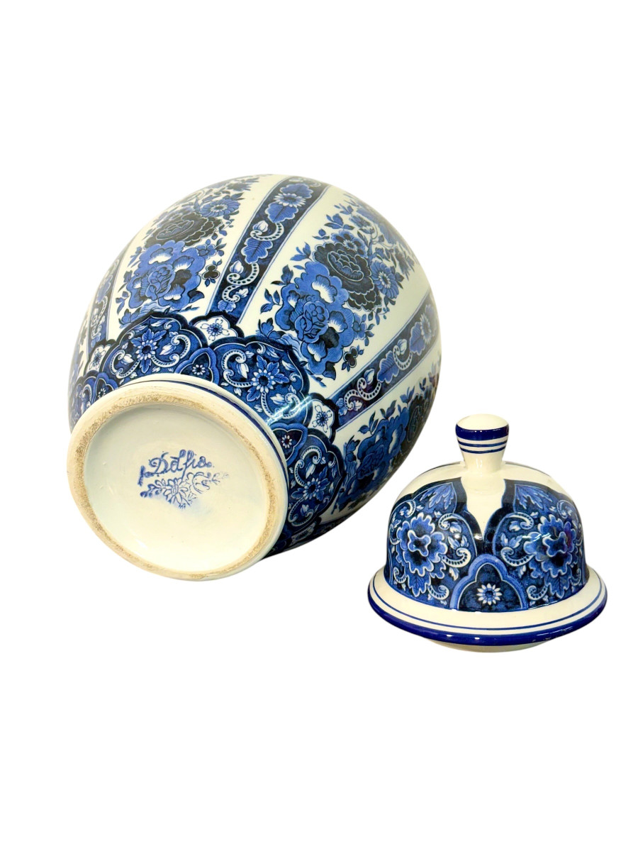 Grand vase couvert ou pot à gingembre en faïence de Delft blanche et bleue, XXe siècle-photo-4
