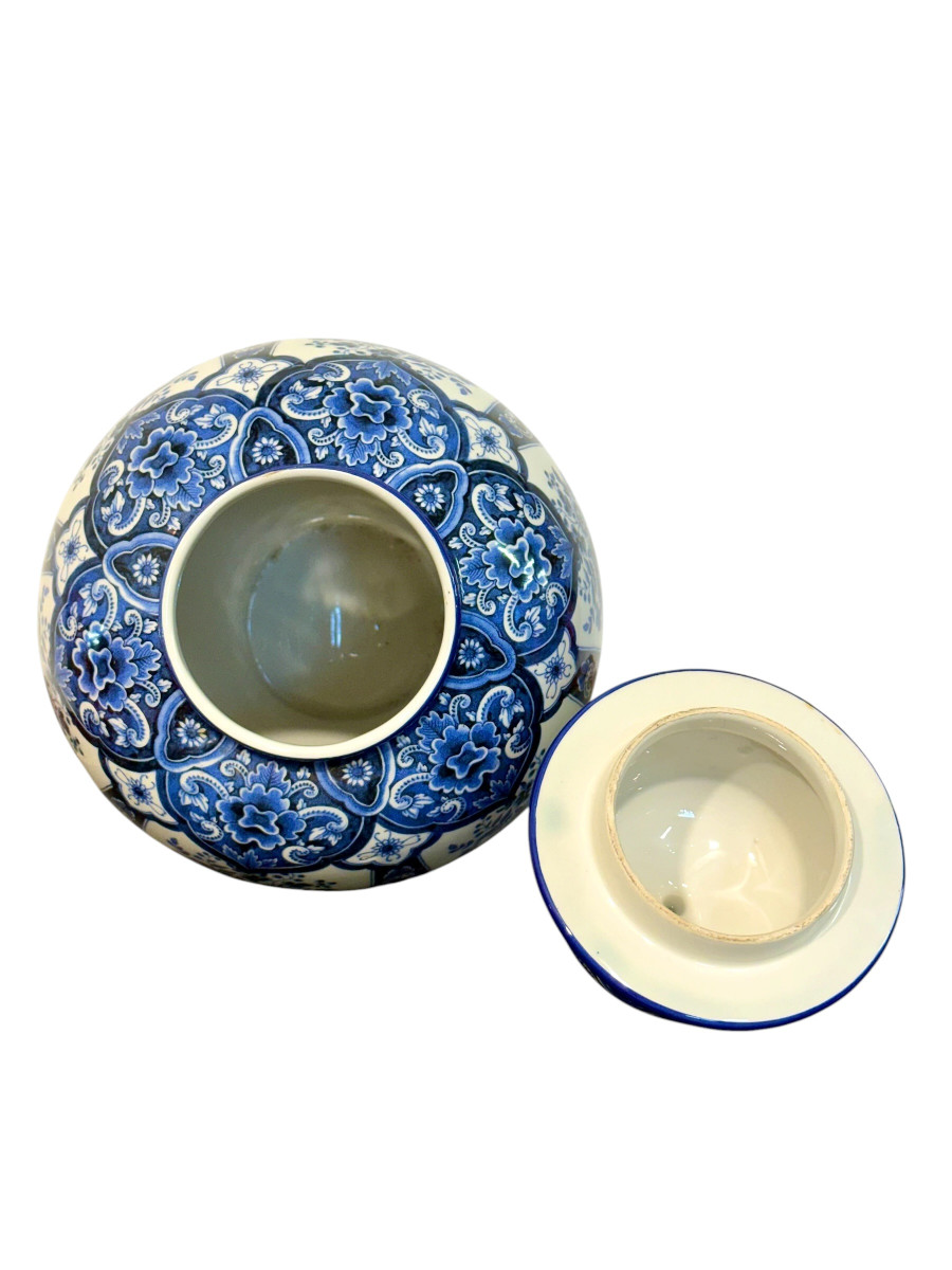 Grand vase couvert ou pot à gingembre en faïence de Delft blanche et bleue, XXe siècle-photo-1