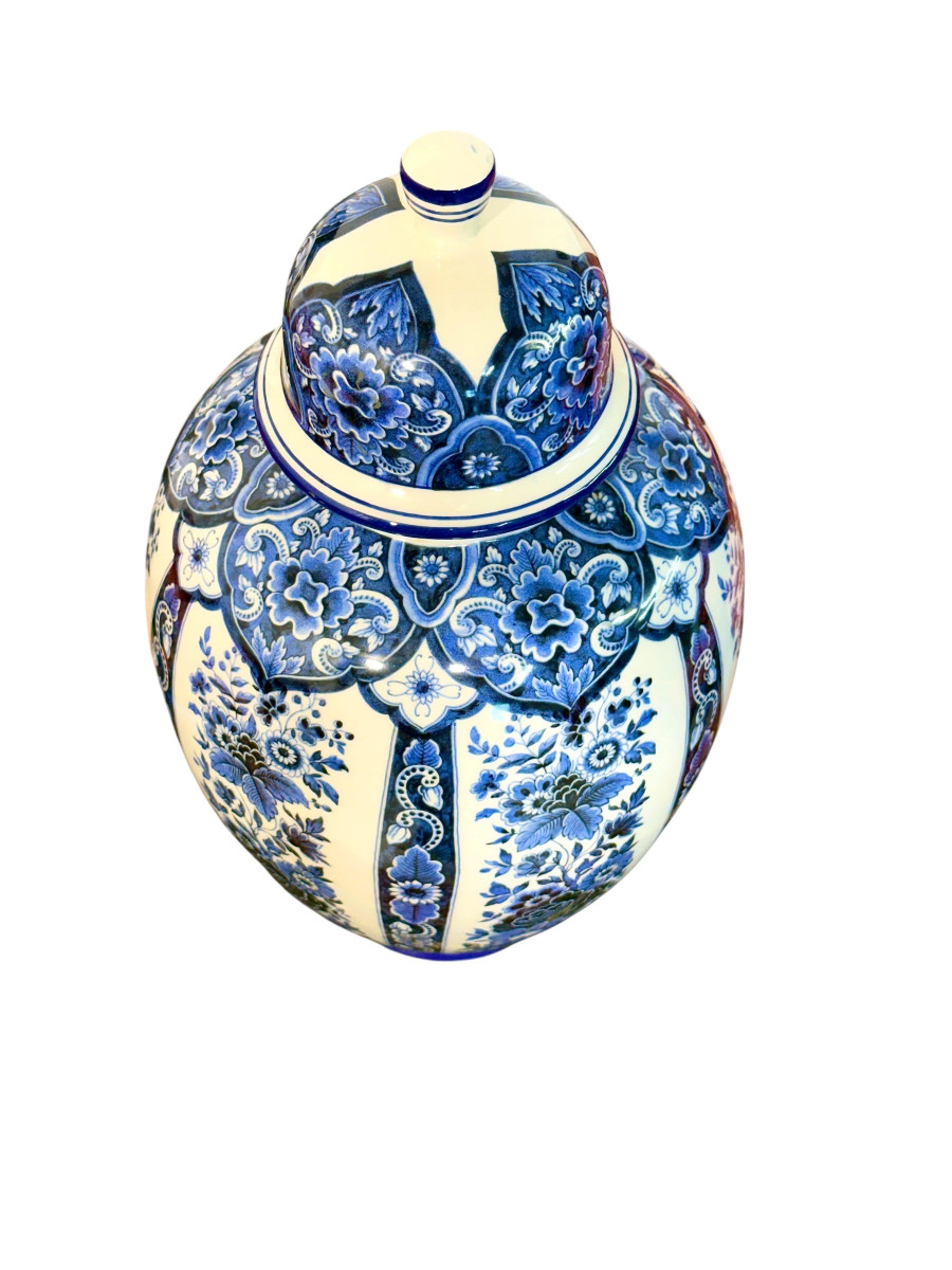Grand vase couvert ou pot à gingembre en faïence de Delft blanche et bleue, XXe siècle-photo-2