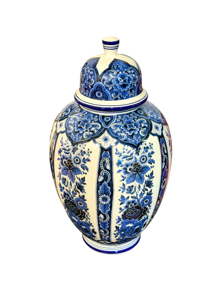 Grand vase couvert ou pot à gingembre en faïence de Delft blanche et bleue, XXe siècle-photo-4