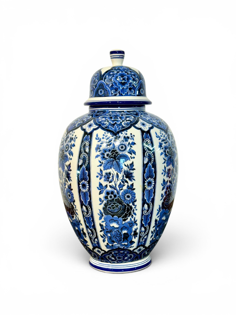 Grand vase couvert ou pot à gingembre en faïence de Delft blanche et bleue, XXe siècle-photo-8