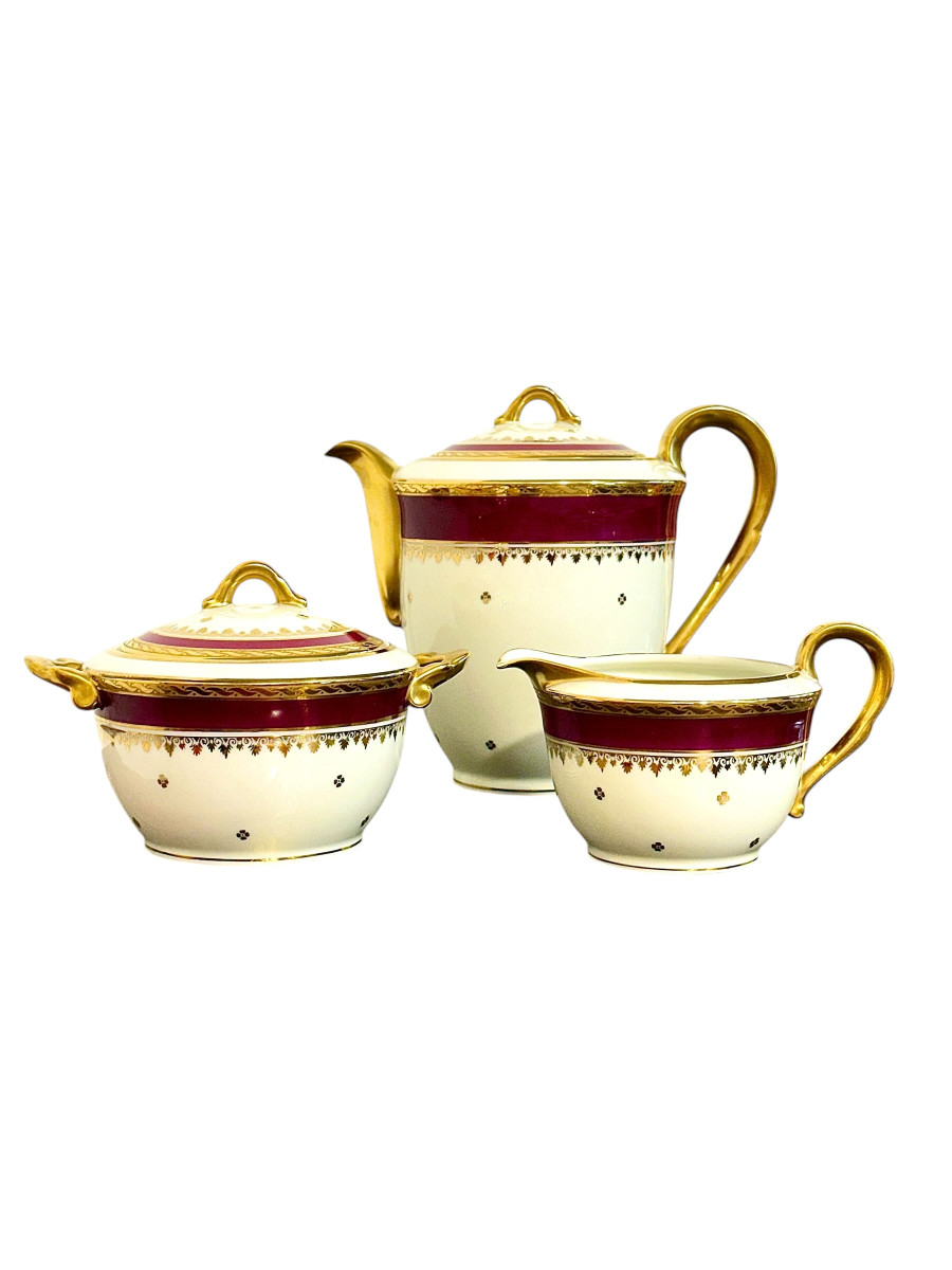 Limoges Unique Porcelain Tea Service, Burgundy & Gilt, 20th Century-photo-3