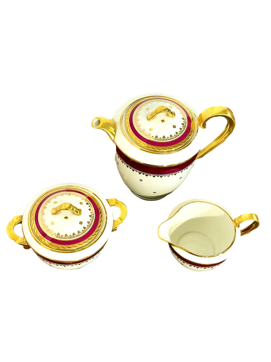 Limoges Unique Porcelain Tea Service, Burgundy & Gilt, 20th Century-photo-4