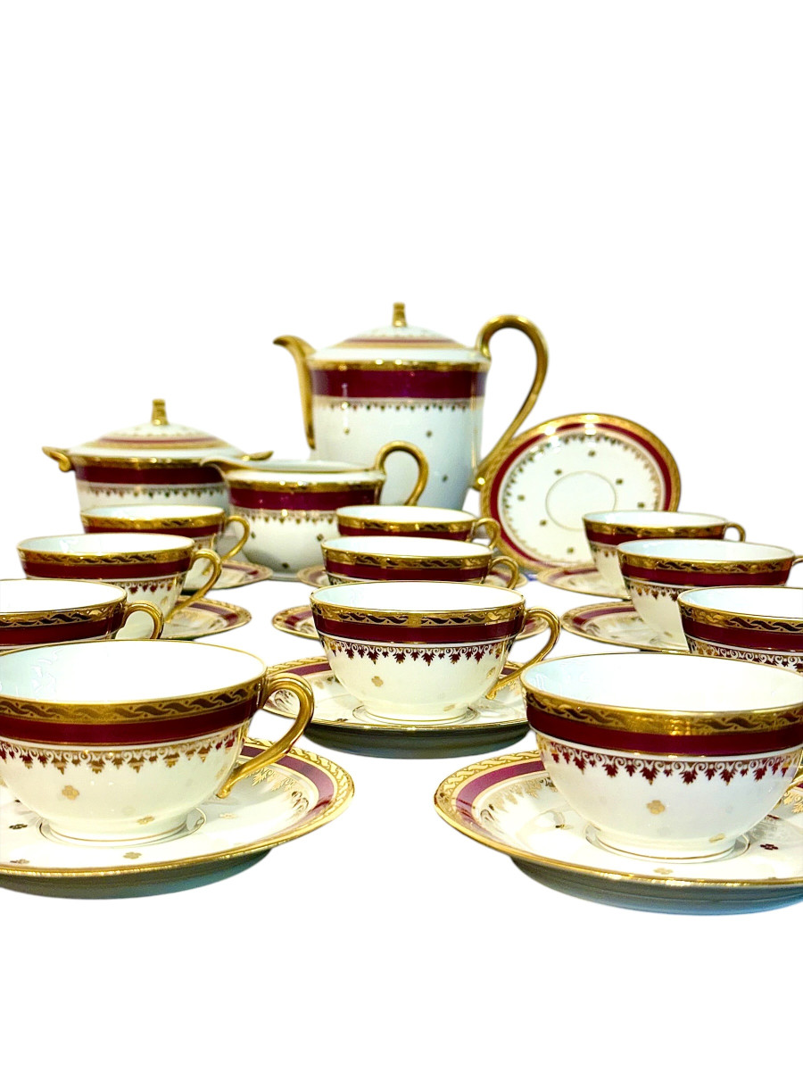 Limoges Unique Porcelain Tea Service, Burgundy & Gilt, 20th Century-photo-2