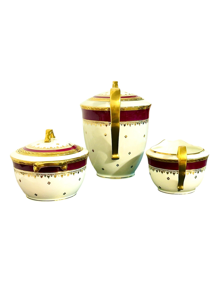Limoges Unique Porcelain Tea Service, Burgundy & Gilt, 20th Century-photo-5