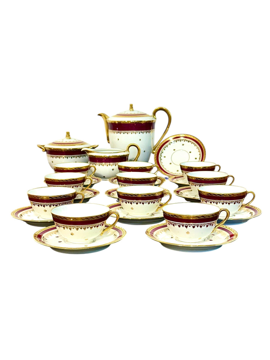Limoges Unique Porcelain Tea Service, Burgundy & Gilt, 20th Century