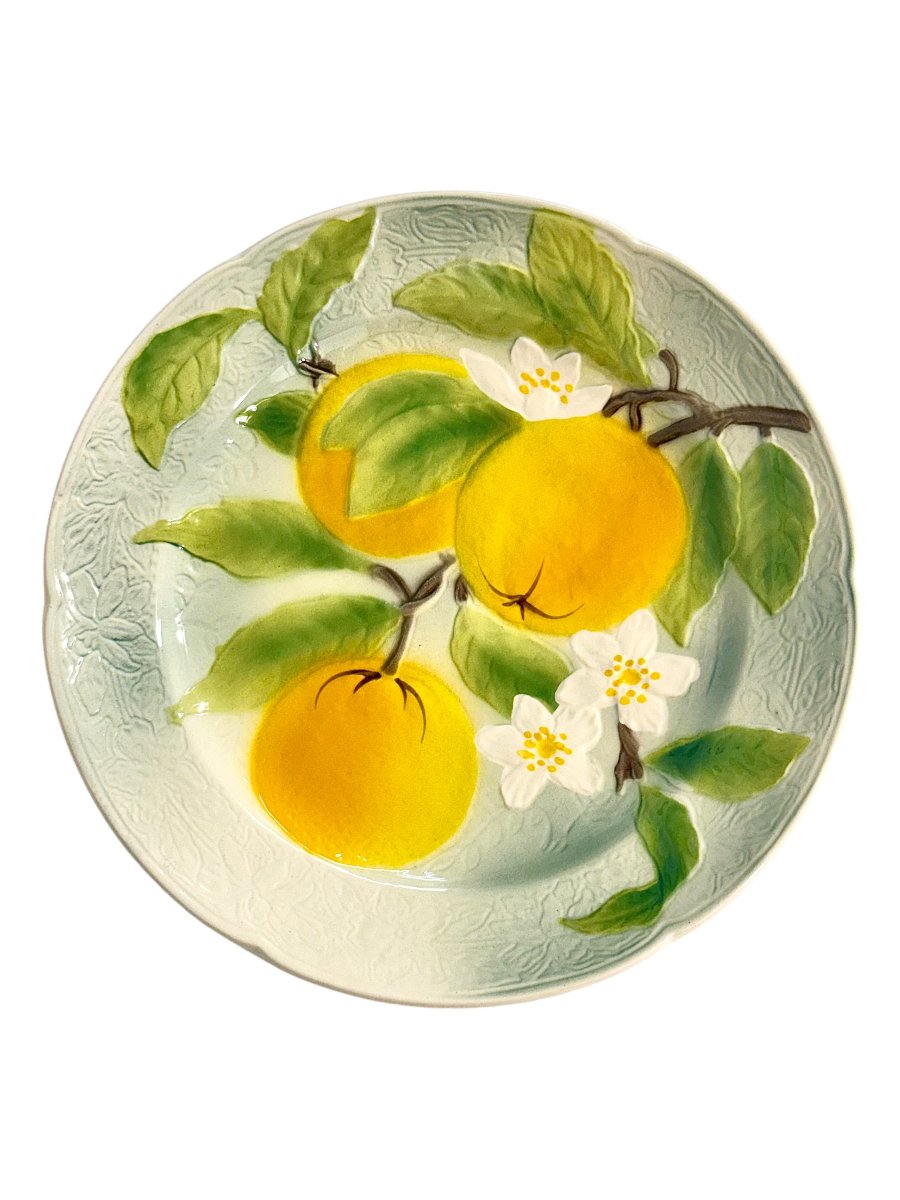 Suite de six assiettes à dessert aux fruits en barbotine de Saint Clément, vers 1900-photo-4