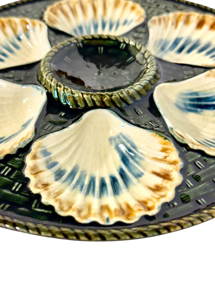 Ensemble de six assiettes à huîtres en faïence Barbotine de Longchamp, France, vers 1890-photo-2