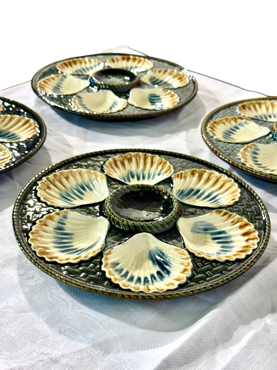 Ensemble de six assiettes à huîtres en faïence Barbotine de Longchamp, France, vers 1890-photo-3