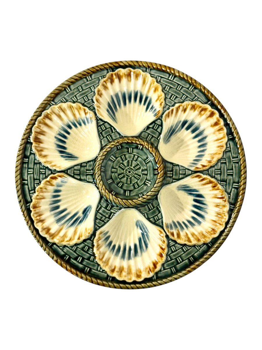 Ensemble de six assiettes à huîtres en faïence Barbotine de Longchamp, France, vers 1890-photo-1