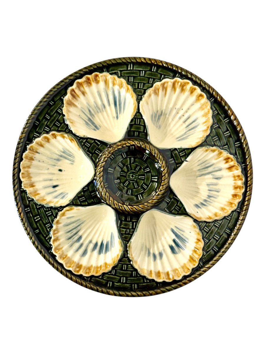 Ensemble de six assiettes à huîtres en faïence Barbotine de Longchamp, France, vers 1890-photo-2