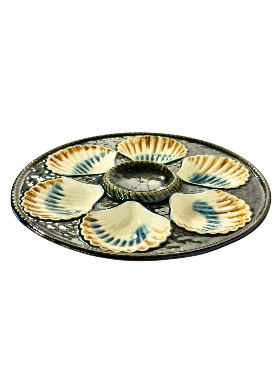 Ensemble de six assiettes à huîtres en faïence Barbotine de Longchamp, France, vers 1890-photo-6