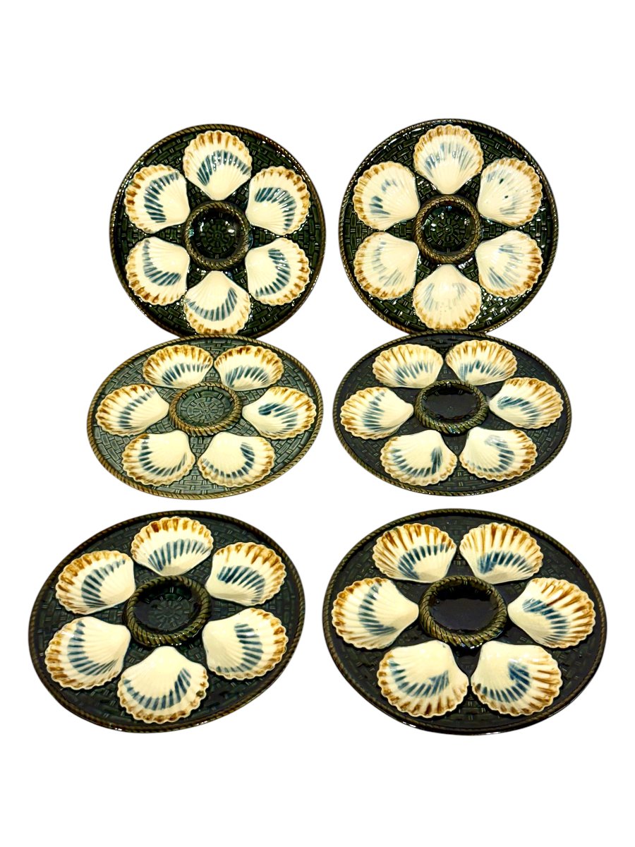 Ensemble de six assiettes à huîtres en faïence Barbotine de Longchamp, France, vers 1890-photo-8