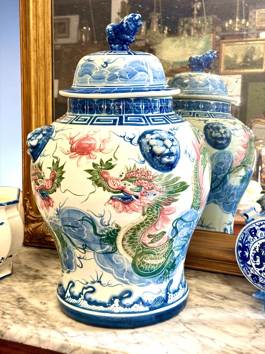 Large Chinese Porcelain Dragon Temple Jar And Cover, Early 20th Century-photo-2