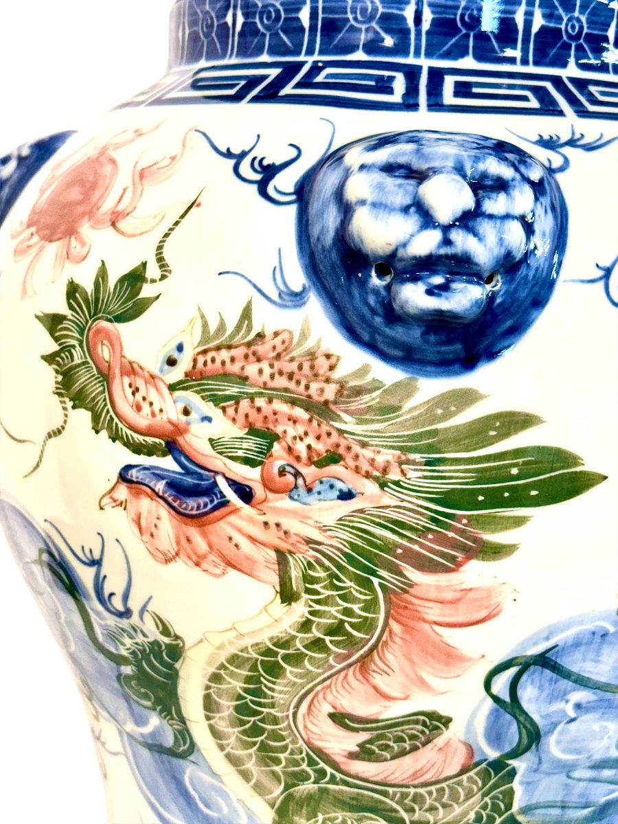 Large Chinese Porcelain Dragon Temple Jar And Cover, Early 20th Century-photo-3