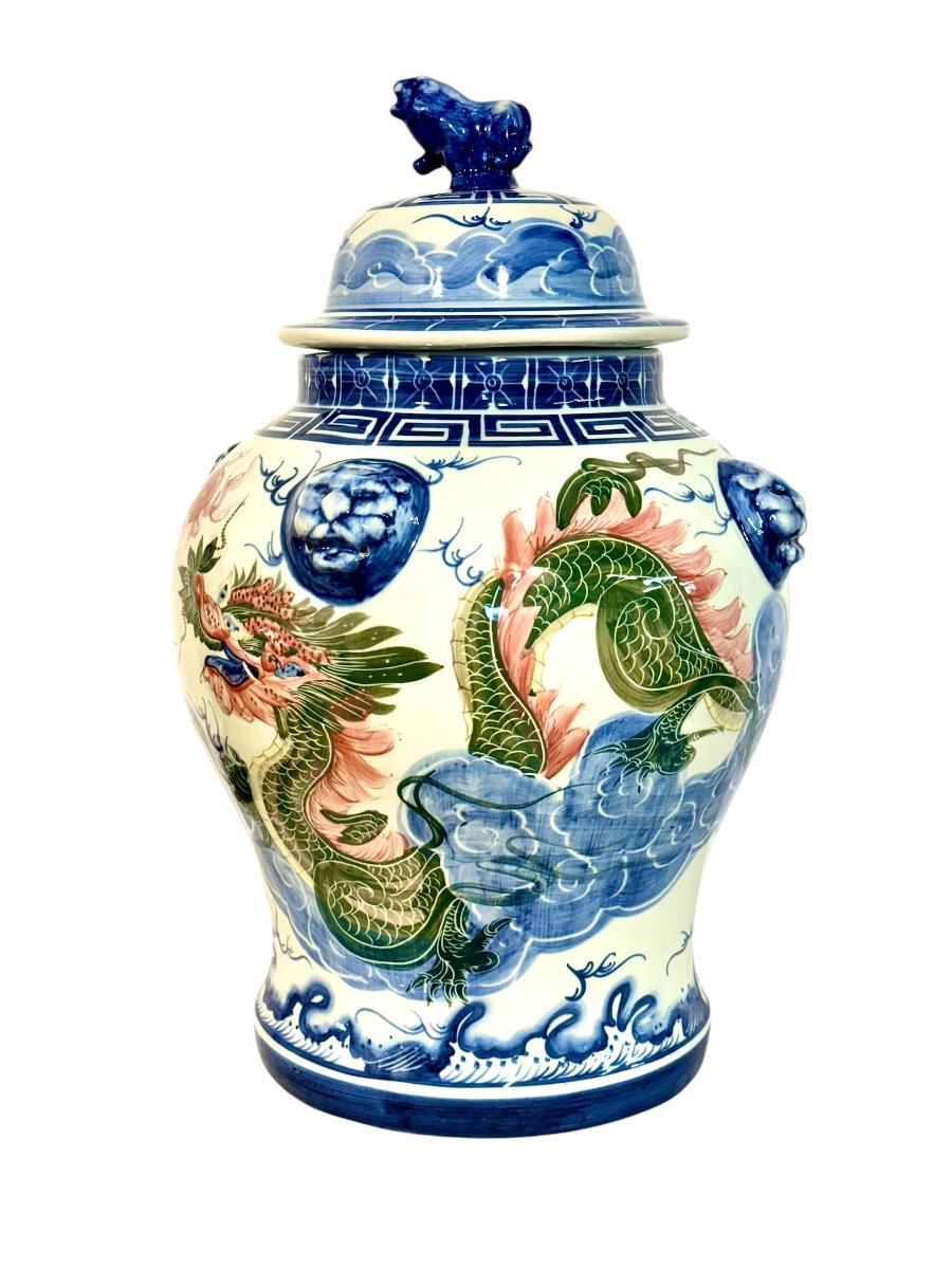 Large Chinese Porcelain Dragon Temple Jar And Cover, Early 20th Century-photo-4