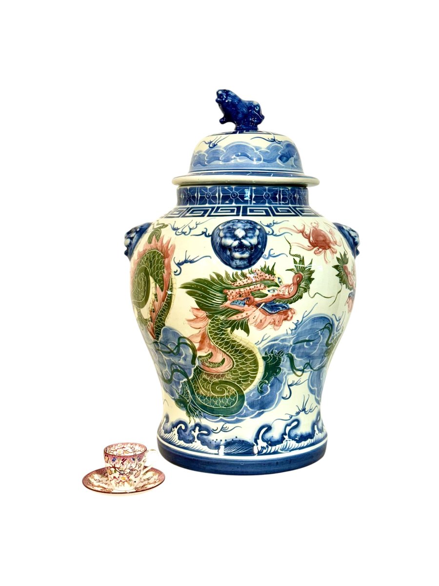 Large Chinese Porcelain Dragon Temple Jar And Cover, Early 20th Century-photo-3
