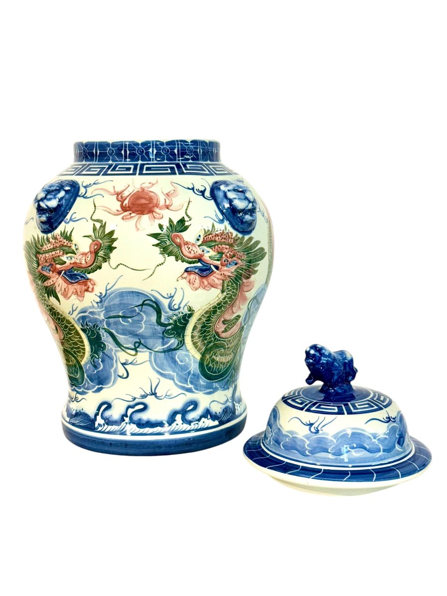 Large Chinese Porcelain Dragon Temple Jar And Cover, Early 20th Century-photo-4