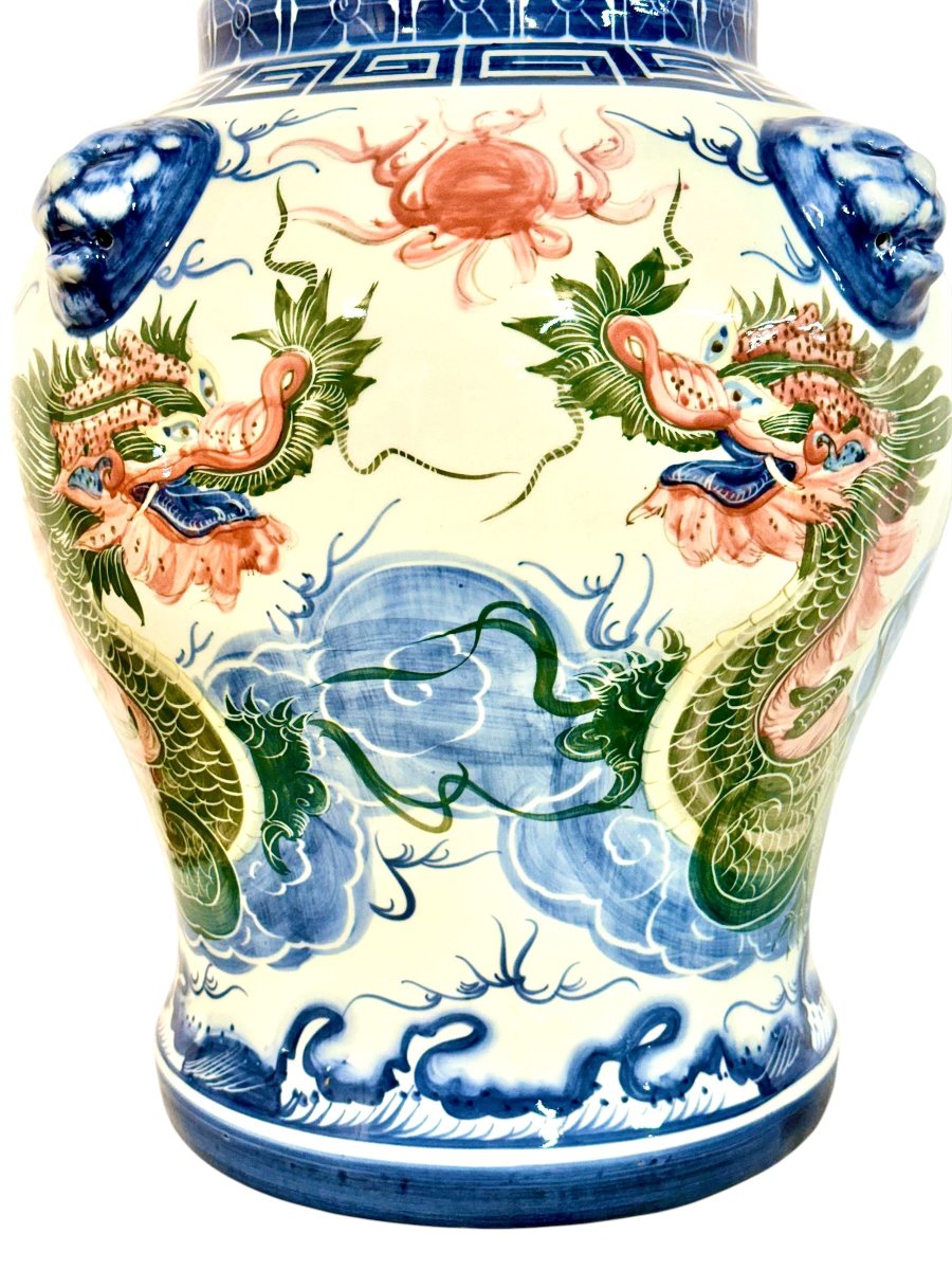Large Chinese Porcelain Dragon Temple Jar And Cover, Early 20th Century-photo-7