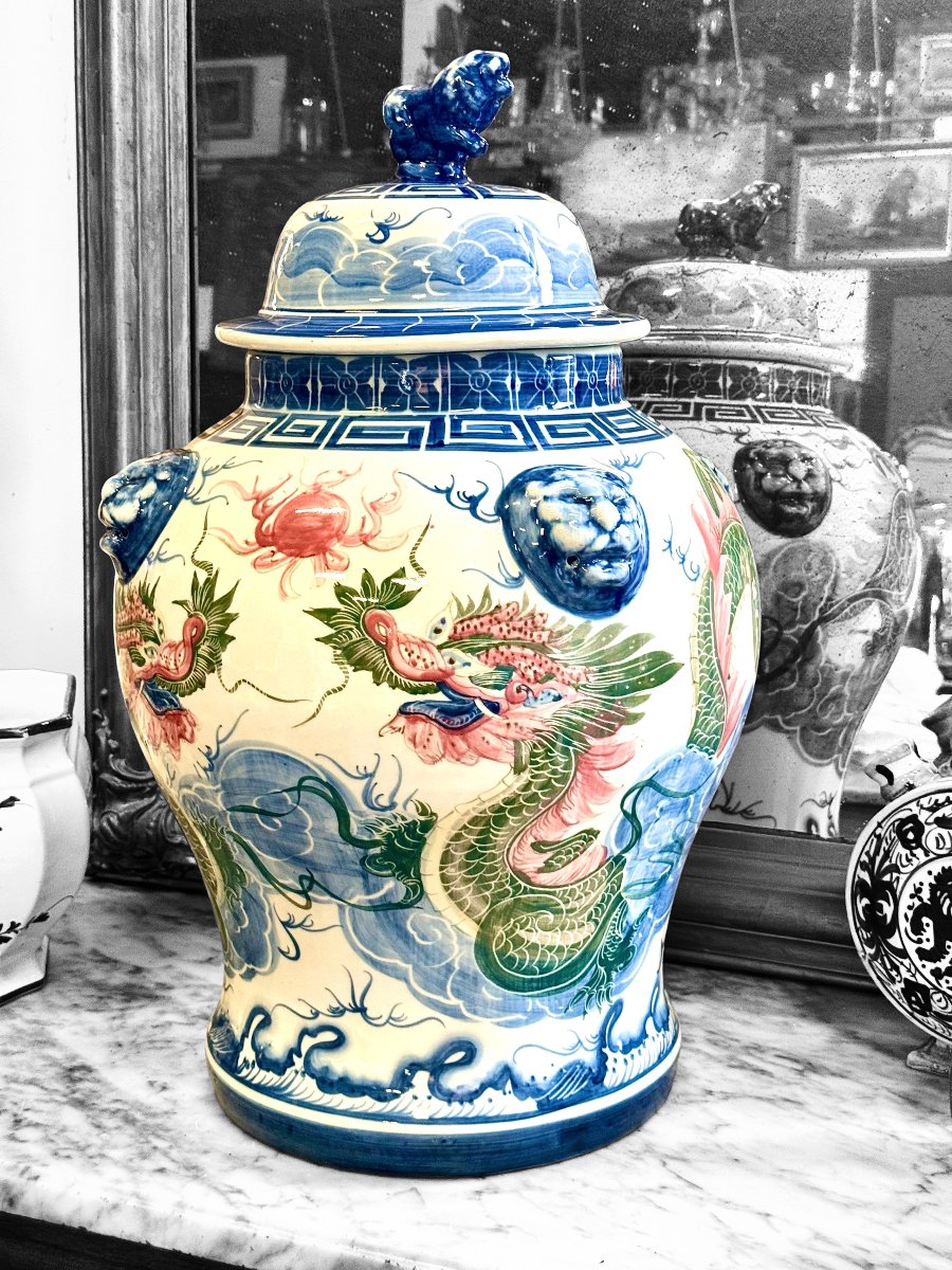 Large Chinese Porcelain Dragon Temple Jar And Cover, Early 20th Century-photo-8