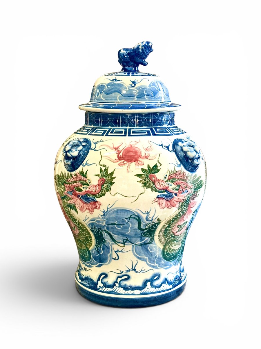 Large Chinese Porcelain Dragon Temple Jar And Cover, Early 20th Century