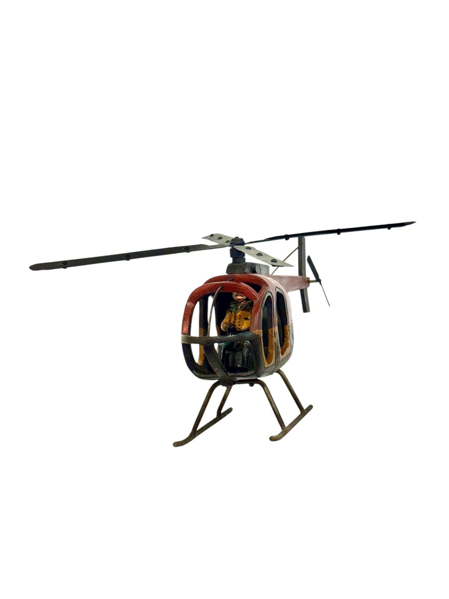 Large Polychromed Wooden Helicopter Sculpture With Metal Details-photo-3