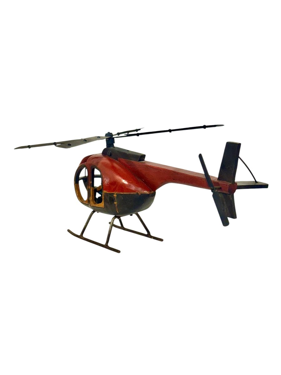 Large Polychromed Wooden Helicopter Sculpture With Metal Details-photo-4