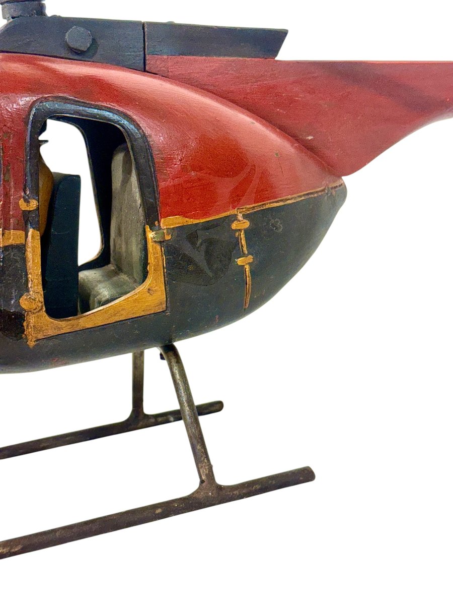 Large Polychromed Wooden Helicopter Sculpture With Metal Details-photo-2