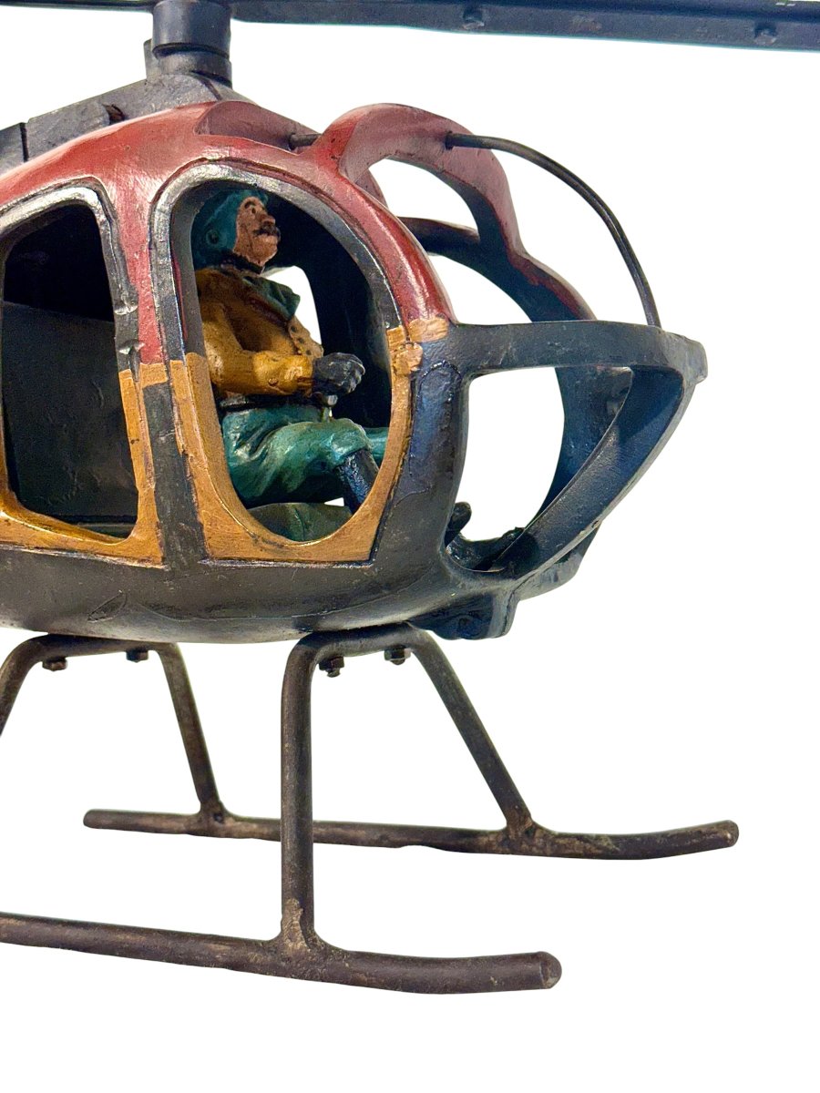 Large Polychromed Wooden Helicopter Sculpture With Metal Details-photo-7