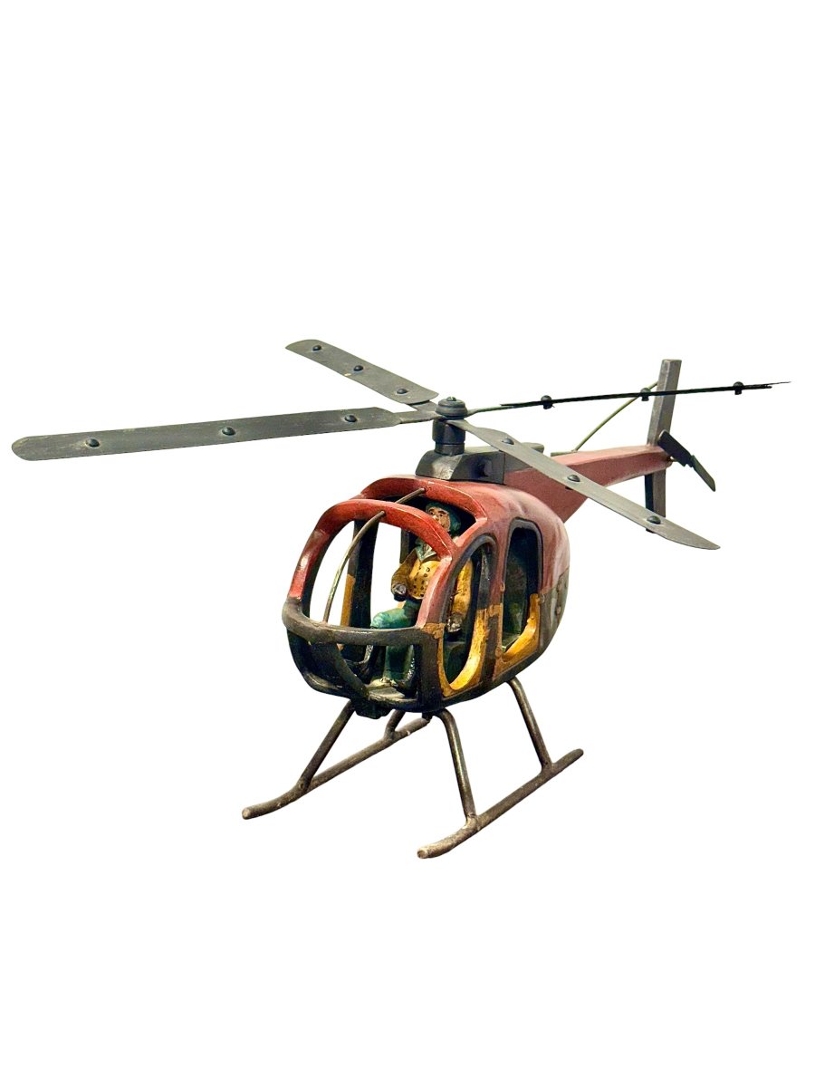 Large Polychromed Wooden Helicopter Sculpture With Metal Details-photo-8