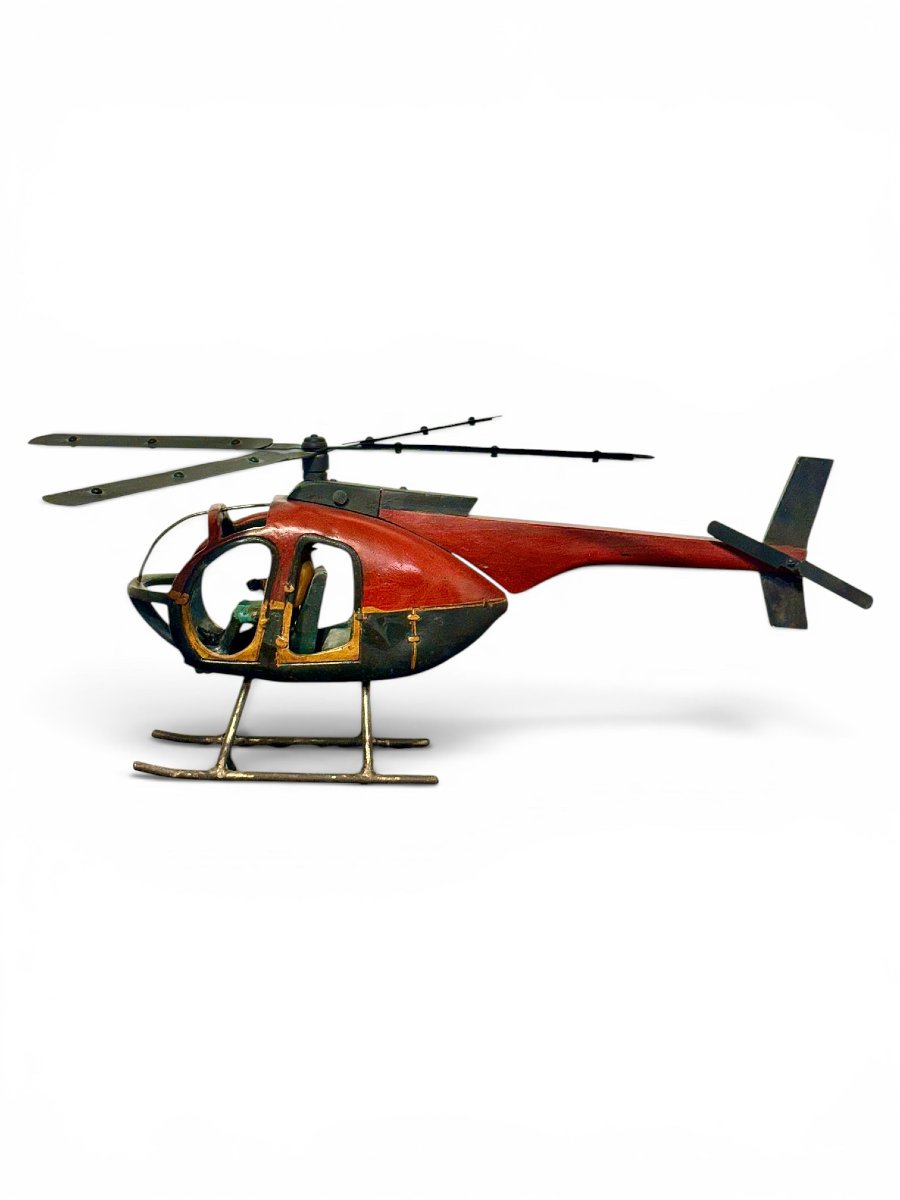 Large Polychromed Wooden Helicopter Sculpture With Metal Details