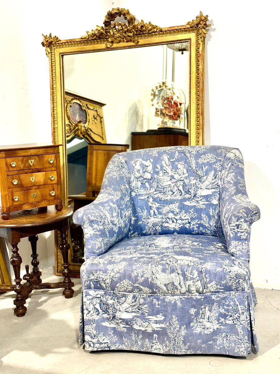 Fauteuil Bergère en Toile de Jouy Bleue, France 19ème Siècle-photo-2