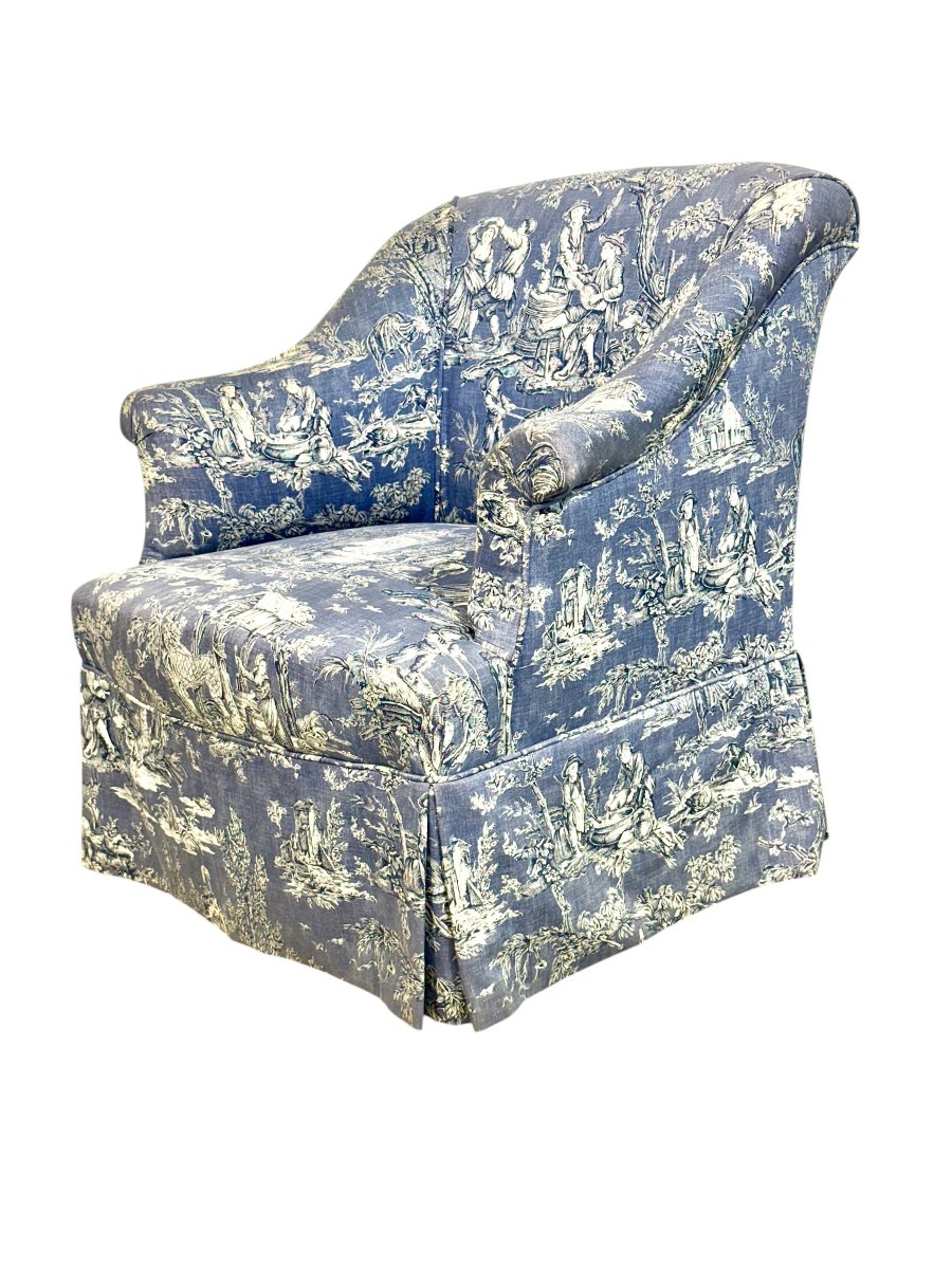 Fauteuil Bergère en Toile de Jouy Bleue, France 19ème Siècle-photo-3