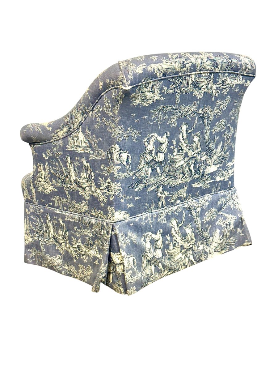 Fauteuil Bergère en Toile de Jouy Bleue, France 19ème Siècle-photo-4