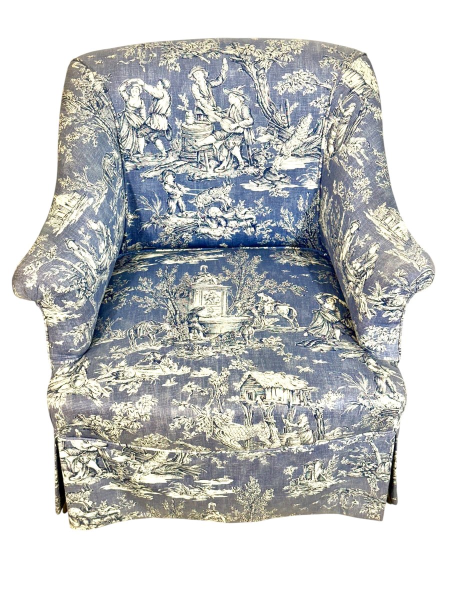 Fauteuil Bergère en Toile de Jouy Bleue, France 19ème Siècle-photo-1