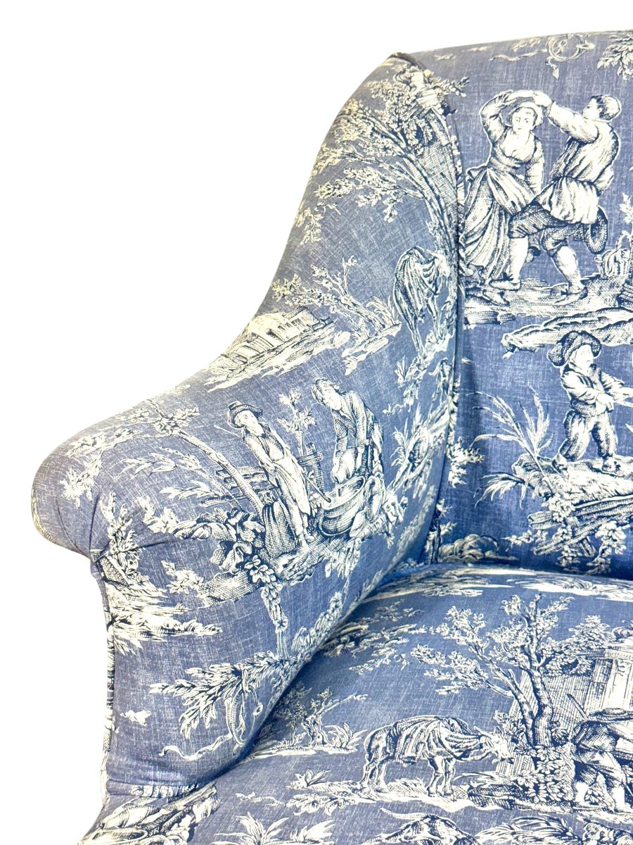 Fauteuil Bergère en Toile de Jouy Bleue, France 19ème Siècle-photo-2