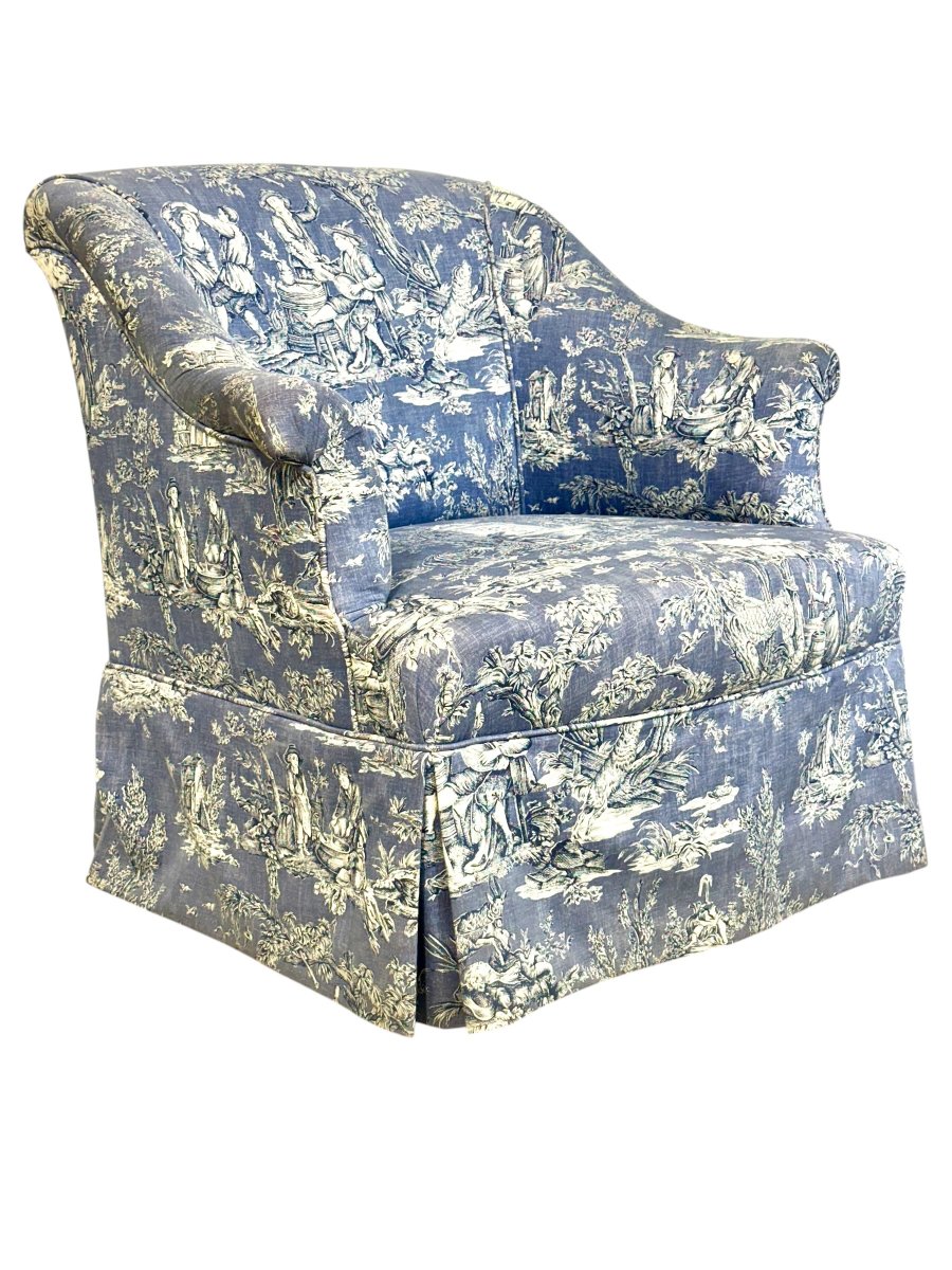 Fauteuil Bergère en Toile de Jouy Bleue, France 19ème Siècle-photo-3