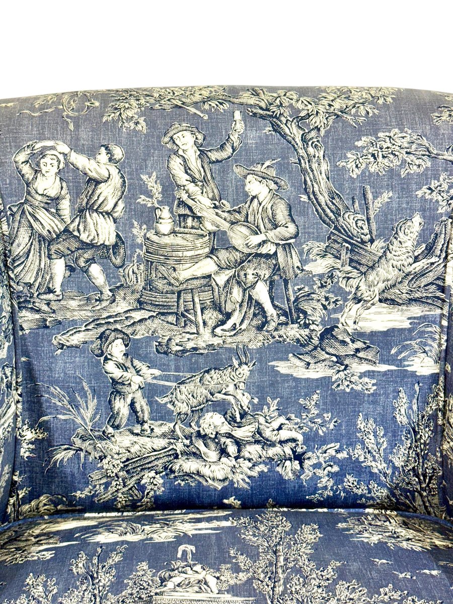 Fauteuil Bergère en Toile de Jouy Bleue, France 19ème Siècle-photo-7