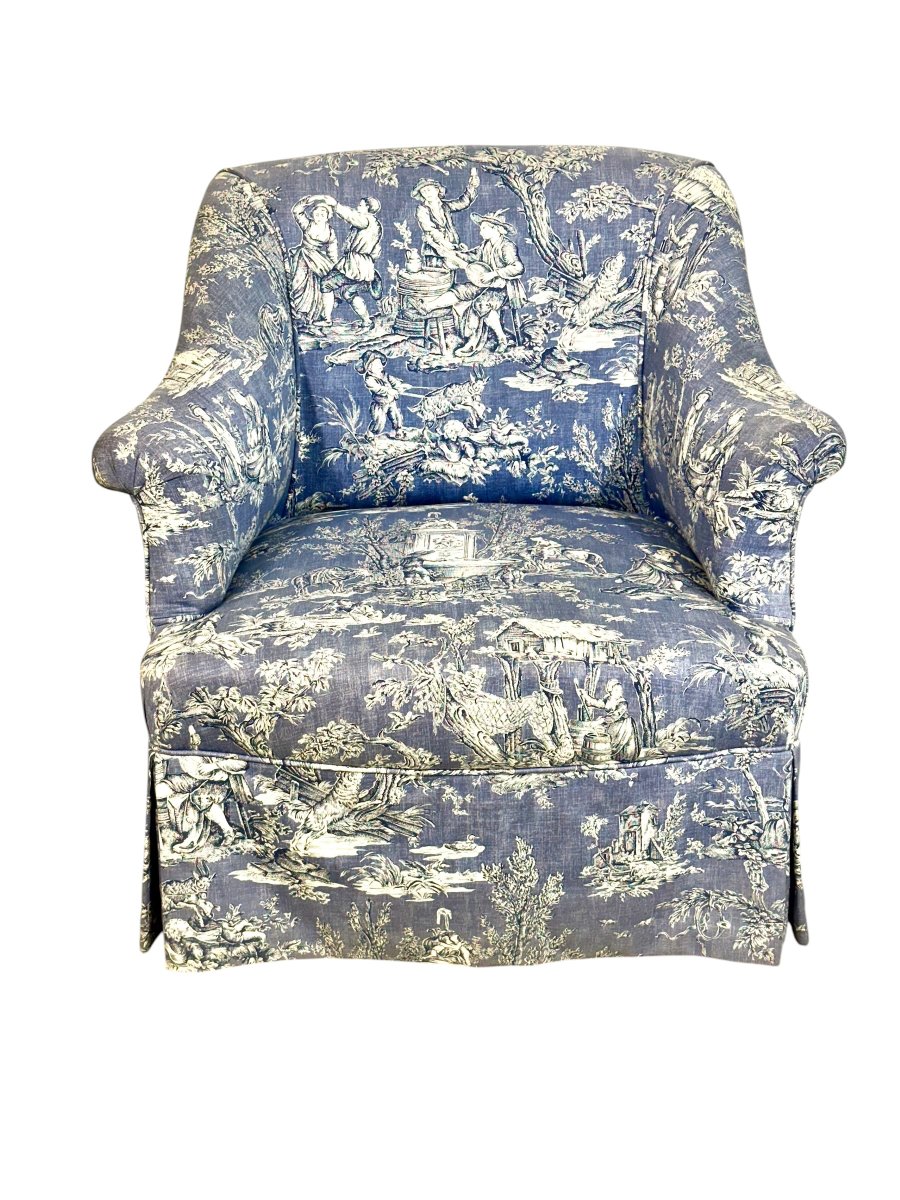 Fauteuil Bergère en Toile de Jouy Bleue, France 19ème Siècle