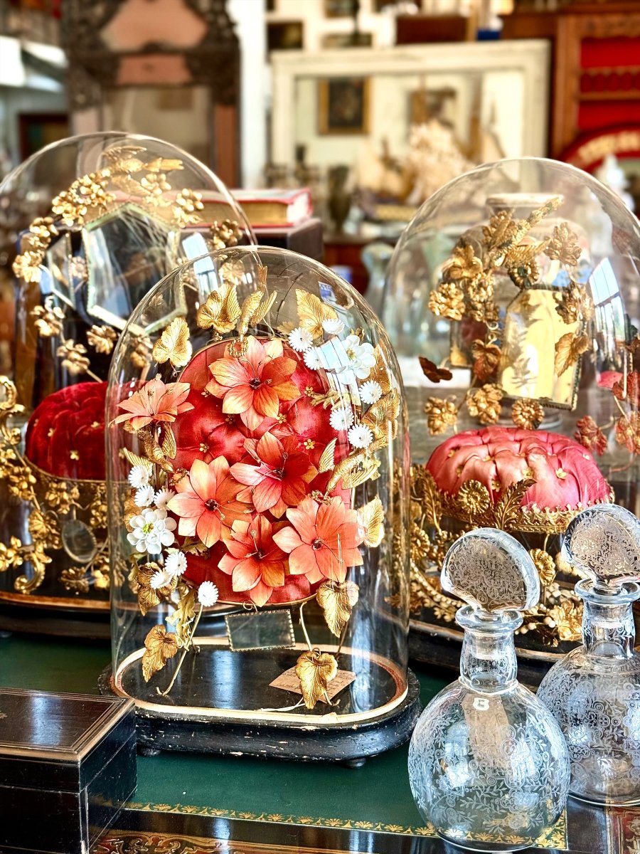 Globe de Mariée Floral Napoléon III sous Dôme de Verre d'Origine-photo-2