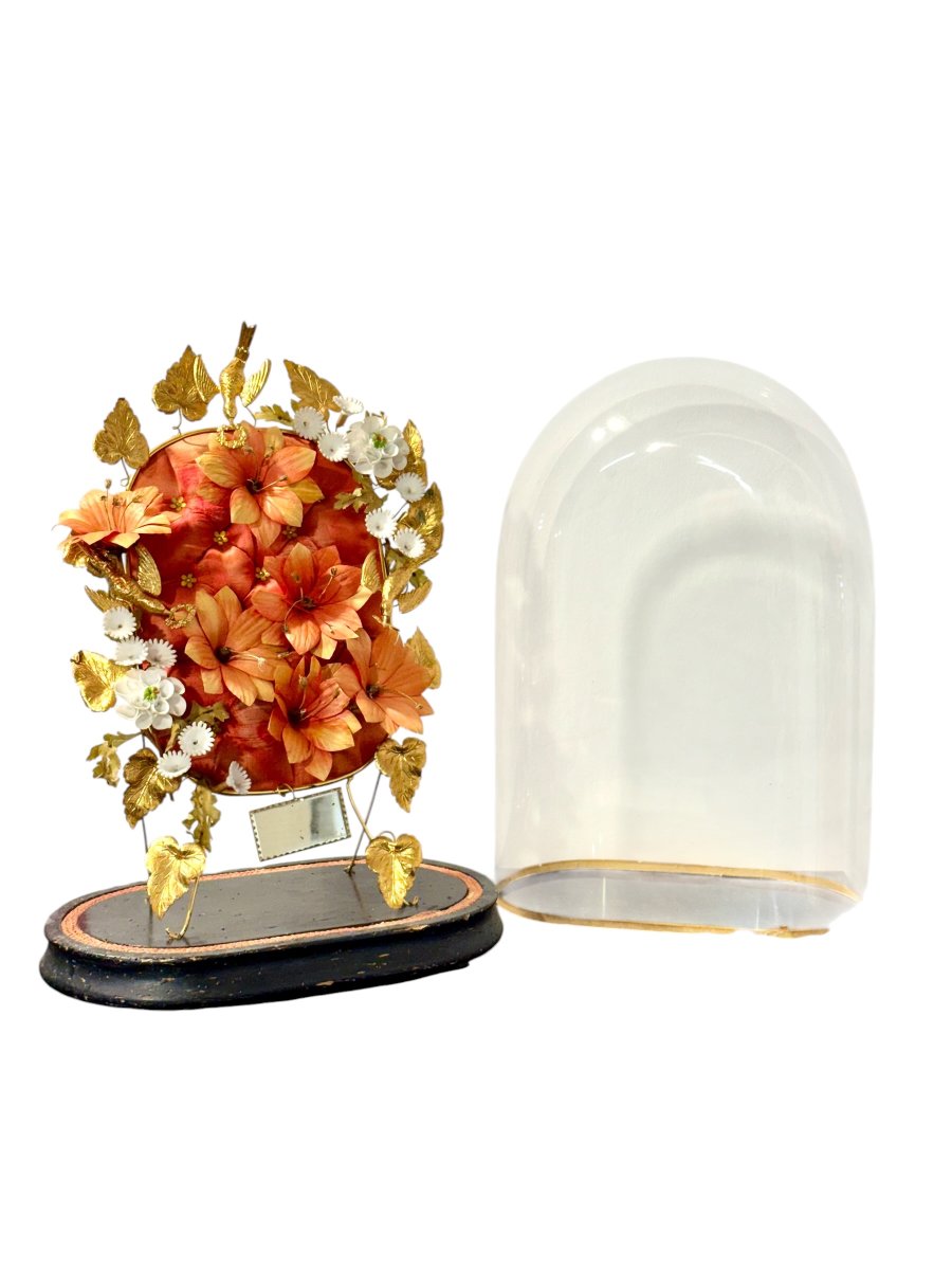 Globe de Mariée Floral Napoléon III sous Dôme de Verre d'Origine-photo-4