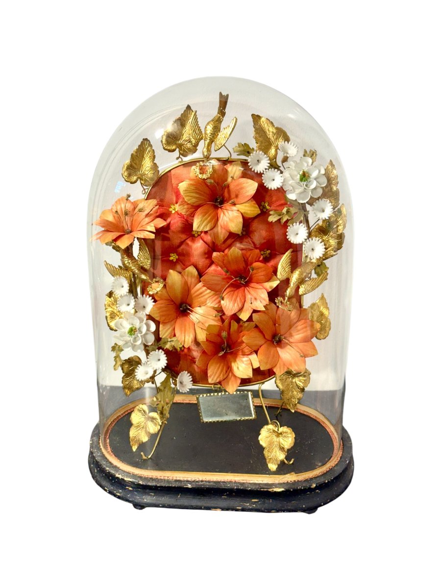 Globe de Mariée Floral Napoléon III sous Dôme de Verre d'Origine-photo-3
