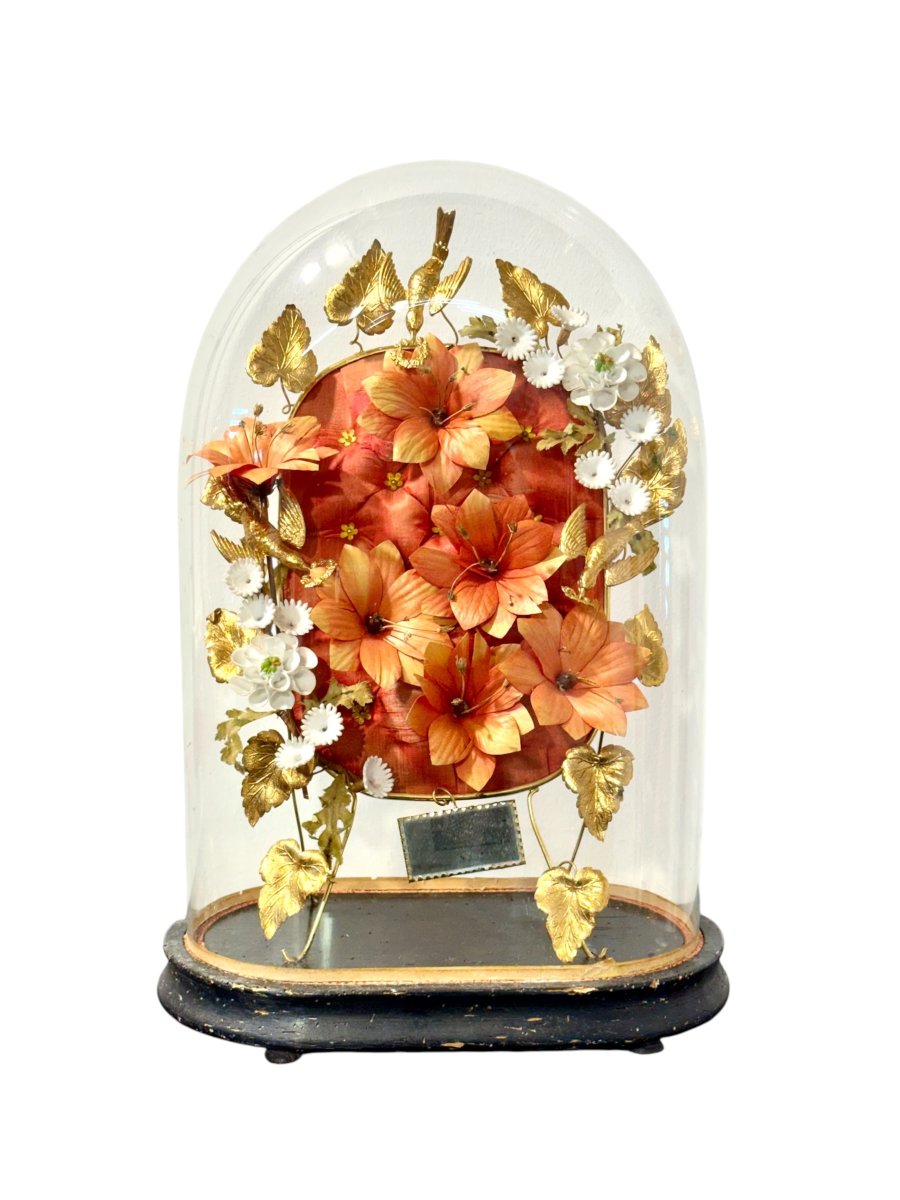 Globe de Mariée Floral Napoléon III sous Dôme de Verre d'Origine