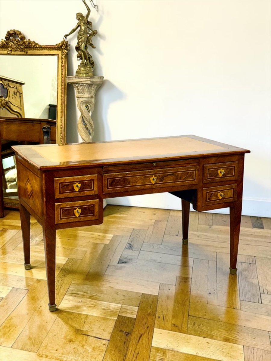 Bureau plat en noyer marqueté du XIXe siècle avec plateau gainé de cuir-photo-2