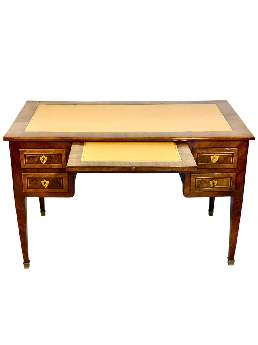 Bureau plat en noyer marqueté du XIXe siècle avec plateau gainé de cuir-photo-3