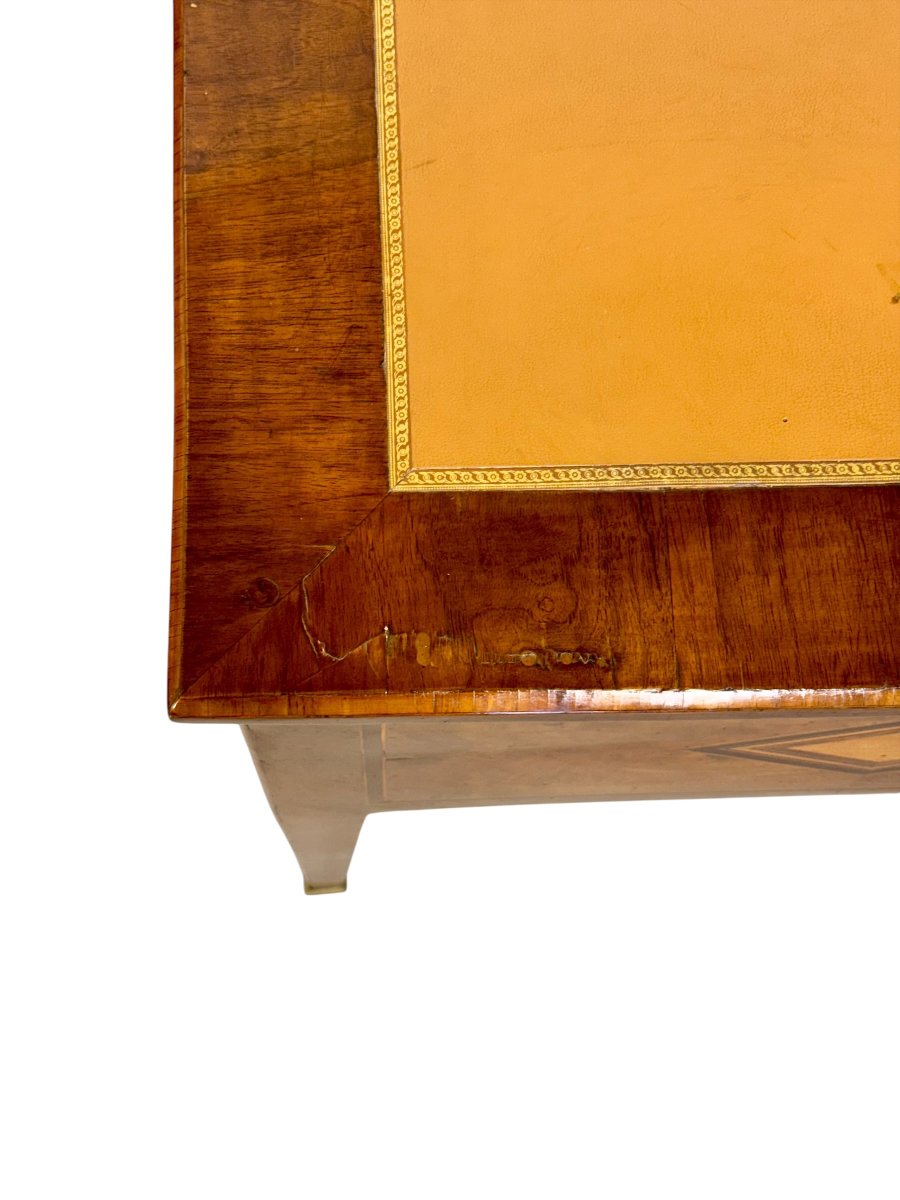 Bureau plat en noyer marqueté du XIXe siècle avec plateau gainé de cuir-photo-7