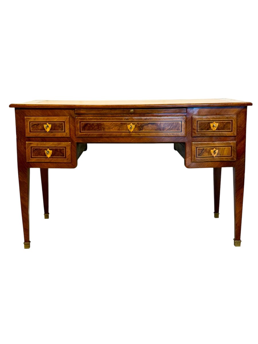 Bureau plat en noyer marqueté du XIXe siècle avec plateau gainé de cuir