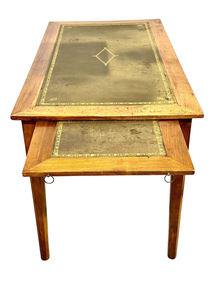 Bureau en hêtre du XIXe siècle avec plateau gainé de cuir et tablettes latérales coulissantes-photo-4