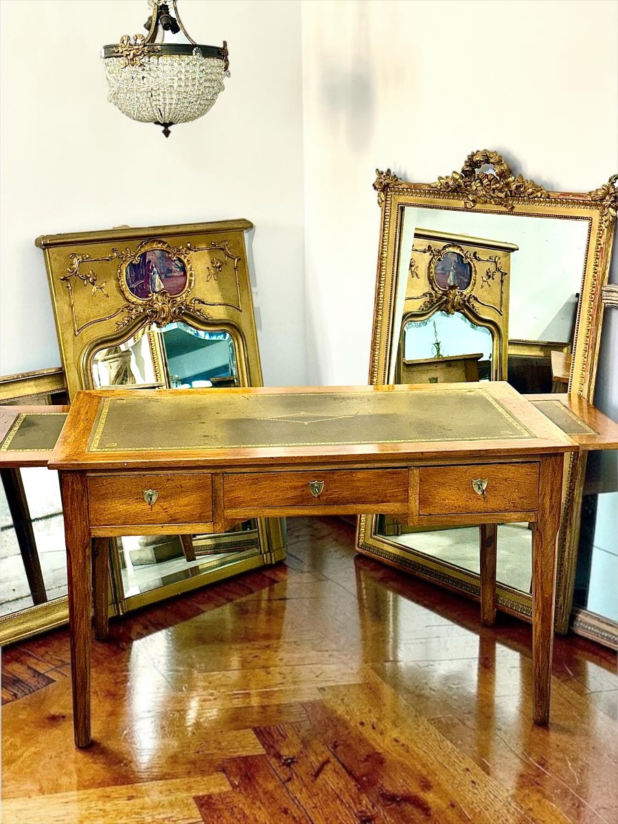 Bureau en hêtre du XIXe siècle avec plateau gainé de cuir et tablettes latérales coulissantes-photo-8