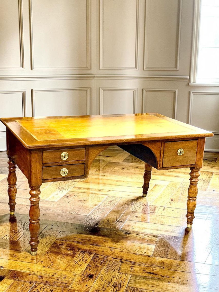 Bureau de ministre anglais du XIXe siècle en noyer avec plateau en cuir gaufré-photo-2